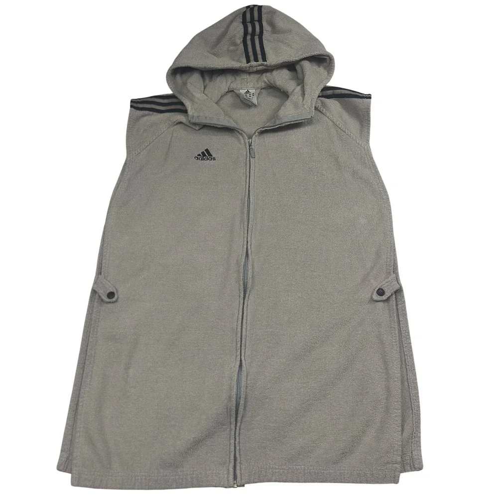 Adidas Mens Terrycloth Sleeveless Full Zip Hoodie Gray 3-Stripes Vest Size L